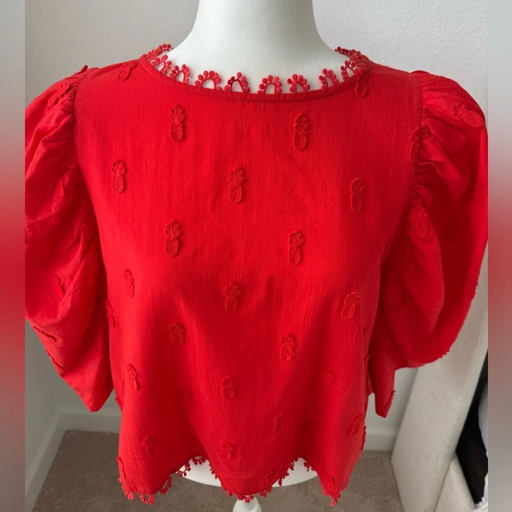 FARM Rio Pineapple Embroidered Puff Sleeve Blouse Top Red Cotton Size Medium - Picture 5 of 8